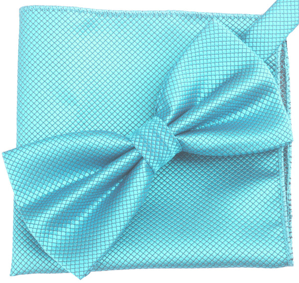 Teal Blue [Diamond Shape Print] - Bow Tie and Pocket Square Matching Set - ShopFlairs
