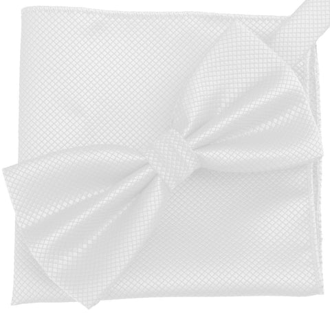 Silky White [Diamond Shape Print] - Bow Tie and Pocket Square Matching Set - ShopFlairs