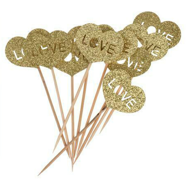 Gold Glitter Heart Shape "Love", Pack of 10 Cupcake Toppers - ShopFlairs