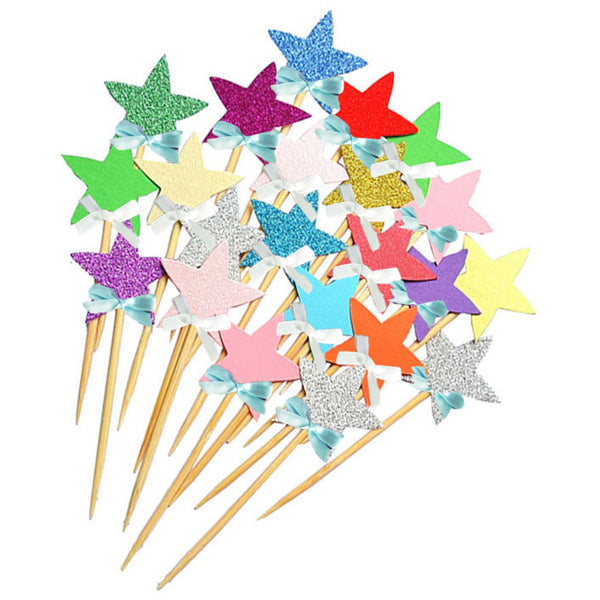 Assorted Color Glitter "Stars with Ribbon", Pack of 5 Cupcake Toppers - ShopFlairs