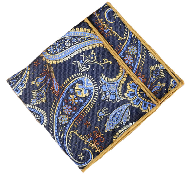Prussian Blue / Pale Gold Paisley Pocket Square - [2017 Spring] - ShopFlairs