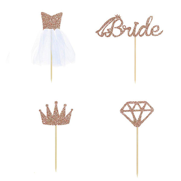Rose Gold "Bride, Diamond, Crown & Gown", Pack of 4 Cupcake Toppers - ShopFlairs