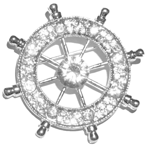 Silver Ship Wheel / Clear Crystal Lapel Pin - ShopFlairs
