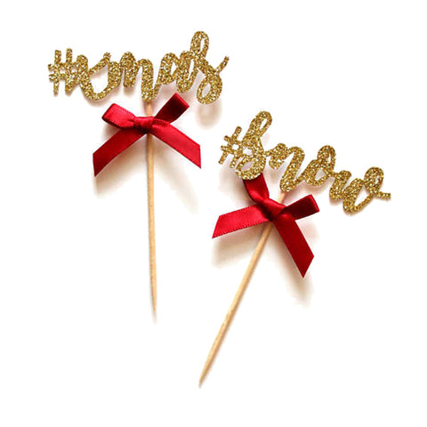Gold Glitter "Xmas" & "#Snow" with Red Ribbon, Pack of 6 Cupcake Toppers - ShopFlairs